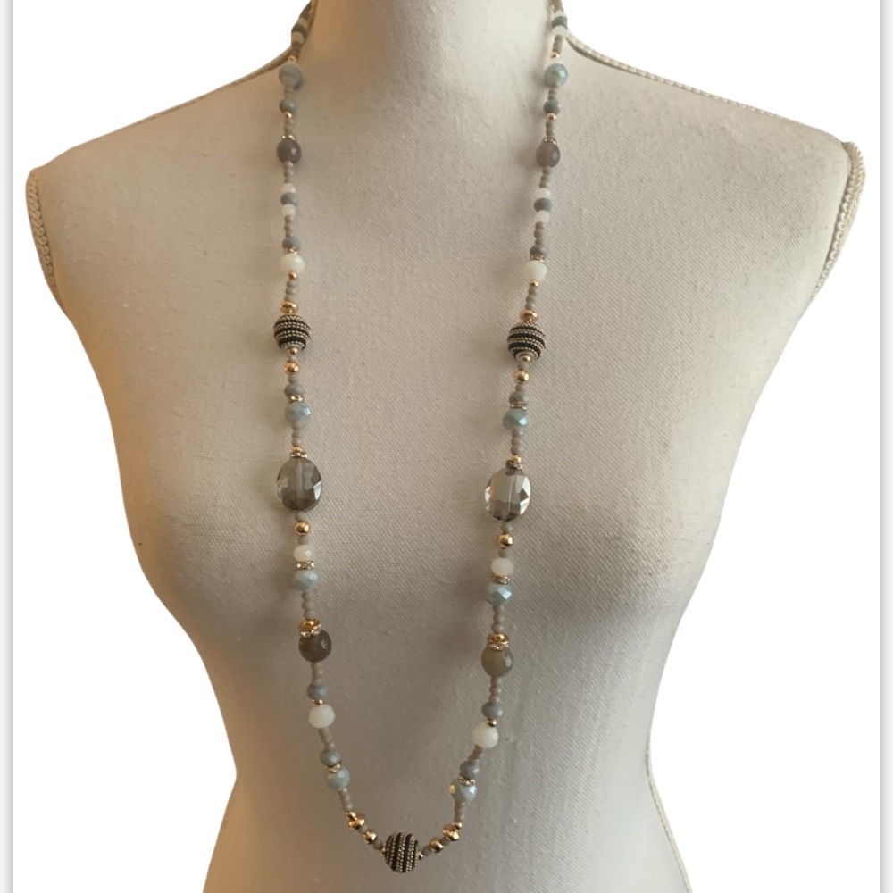 Long Necklace Faceted Glass Beads Smoky Gray Rhinestone Gold Tone Statement